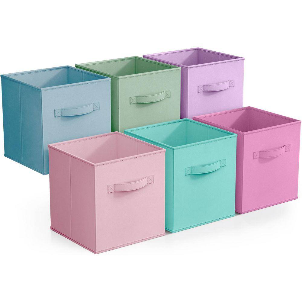 Foldable Storage Cubes with Handles, Multicolored 10.5 in x 11 in Fabric Decorative Basket Set of 6, Closet Organizer