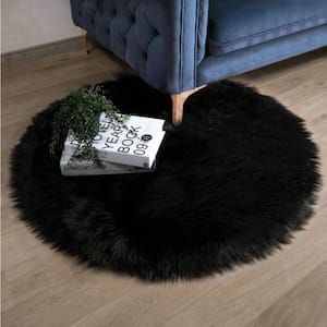 Faux Sheepskin Fur Black 10 ft. Round Fuzzy Cozy Furry Rugs Area Rug