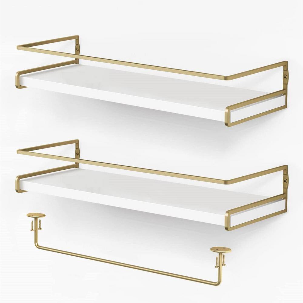 6 in. D x 15.7 in. W x 2.6 in. H White-GoldDecorative Wall Shelves with Bar