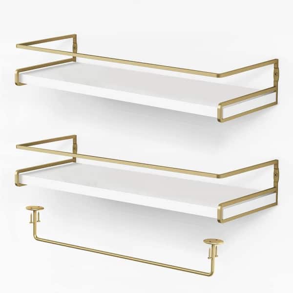 Unbranded 6 in. D x 15.7 in. W x 2.6 in. H White-GoldDecorative Wall Shelves with Bar (Set of 2)