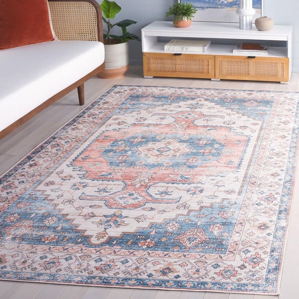 Arizona 4 ft. x 6 ft. Beige/Light Blue Machine Washable Transitional Medallion Distressed Area Rug