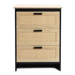 Black and Brown Wood 3-Drawer Rattan Storage Cabinet Chest