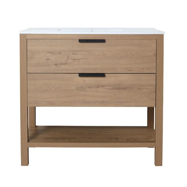 Unbranded 35.7 in. W x 18.5 in. D x 33.3 in. H Freestanding Bath Vanity in Imitative Oak with White Resin Basin Top