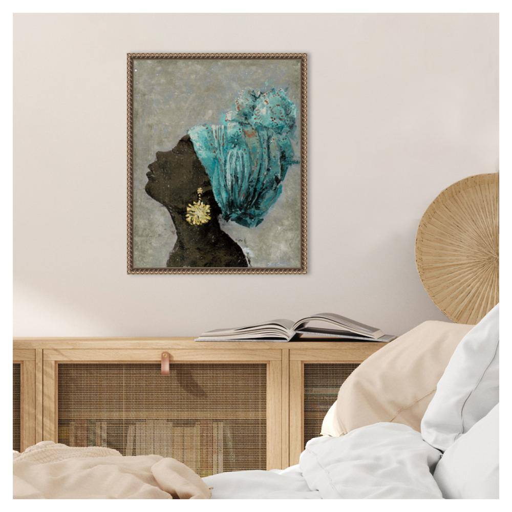 Profile of a Woman II Turquoise Headwrap Canvas Print with Bronze Frame