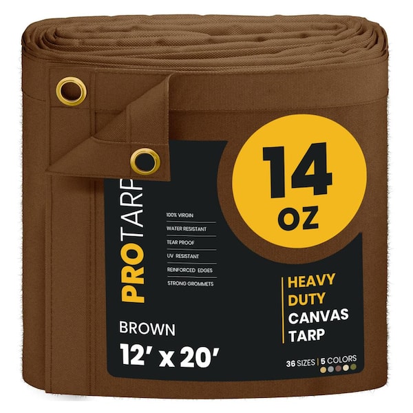 PROTARP Heavy Duty 14 OZ Water Resistant Canvas Tarp, UV Resistant Tarpaulin Cover Brown 12X20