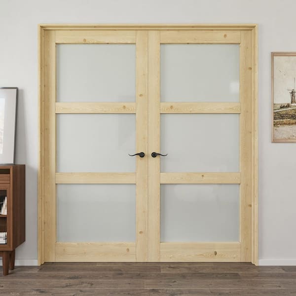 72 in. x 80 in. 3-Lite Frosted Glass Universal Solid Core Glass Double Prehung Interior Door with Quick Assemble Jamb