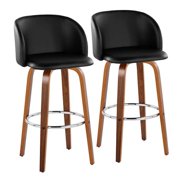 Lumisource Fran 29" Walnut Wood and Black Faux Leather Fixed-Height Bar Stool with Chrome Round Footrest (Set of 2) LYW