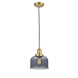 Bell 1 Light Satin Gold Bowl Pendant Light with Plated Smoke Glass Shade