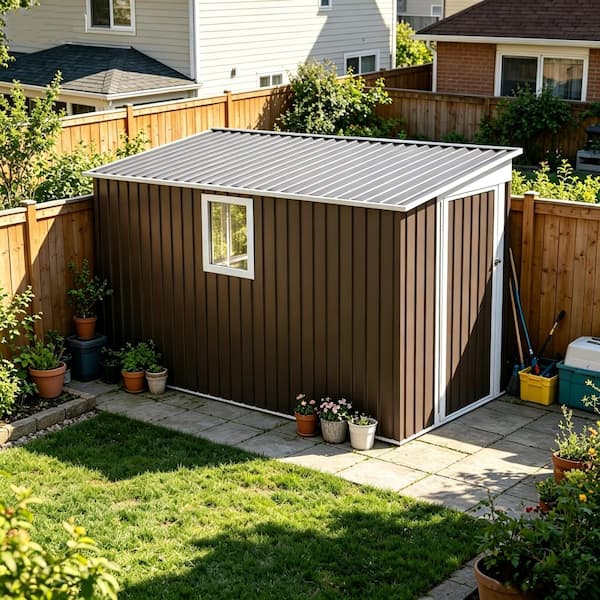 4 ft. x 9 ft. Outdoor Metal Patio Storage Tool Shed with Pent Roof, Lockable Hinged Door and Window, Gray