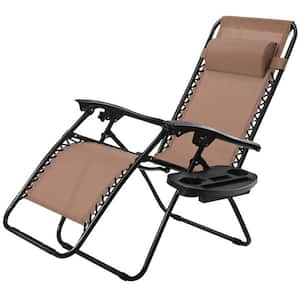 Folding Plastic Outdoor Chaise Lounge with Cushions and A Cup Holder Tray in Brown