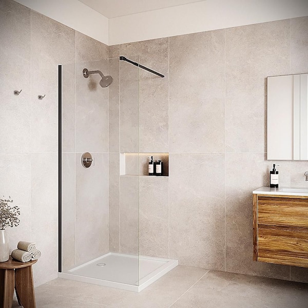 Mucone 34''x 76'' Semi-Frameless Fixed Shower Door, CrystalTech Treated 5/16'' Tempered,Clear Glass,Matte Black Hardware