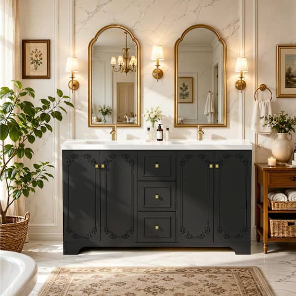 Modern 60" Black French-Style Carved Bathroom Vanity with Sink, 4 Soft Close Doors and 3 Drawers