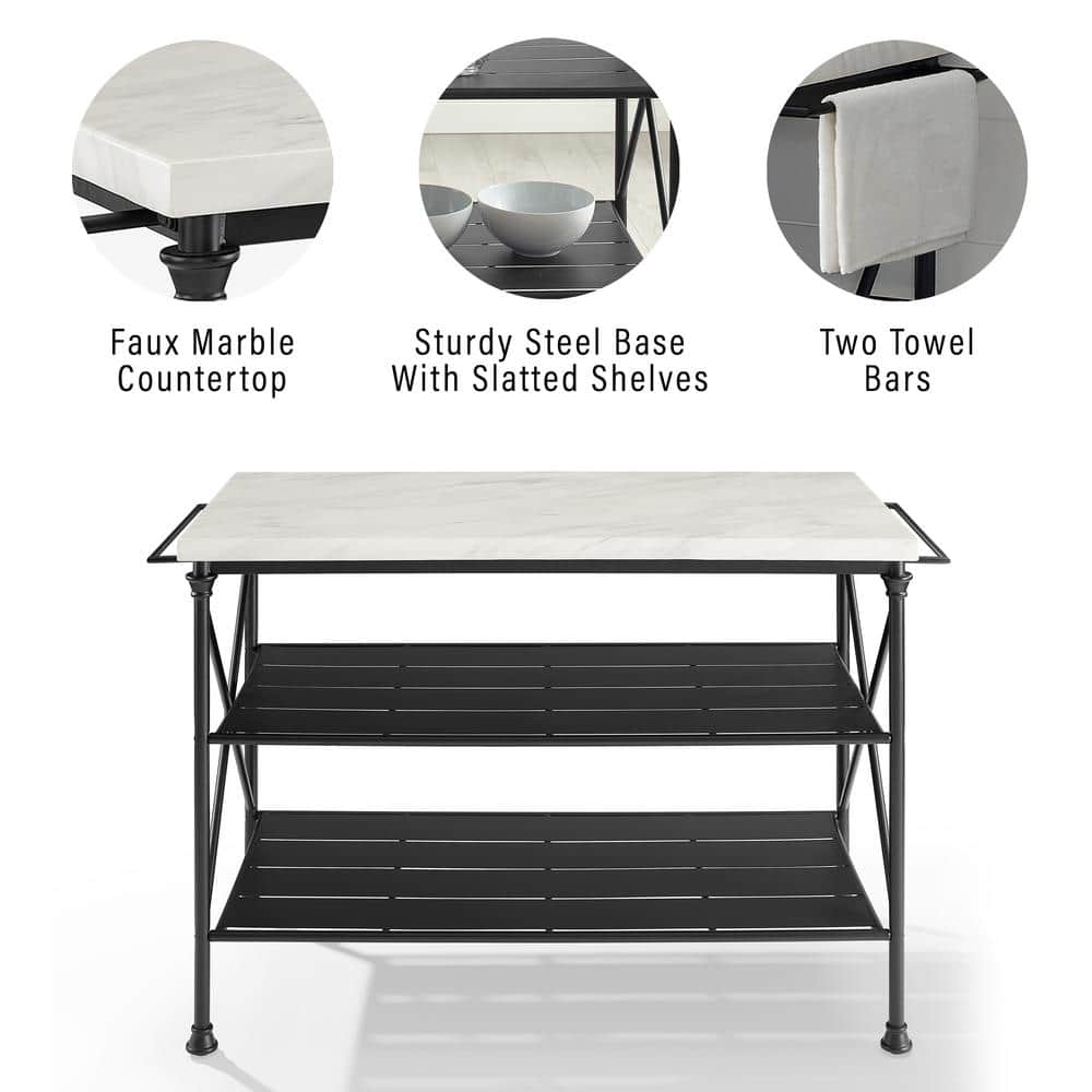 White Faux Marble and Matte Black Steel Kitchen Island Cart