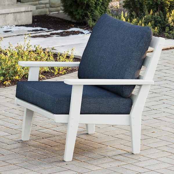 POLYWOOD Grant Park White Deep Seating Plastic Outdoor Lounge Chair with Stone Blue Cushion