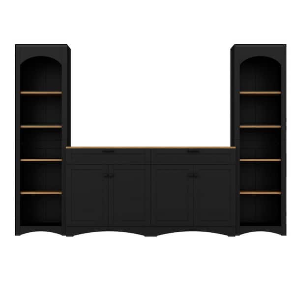 Black 3-Piece Farmhouse Entertainment Center Fits TVs up to 70 in. with Bookshelves, TV Stand and Adjustable Shelves