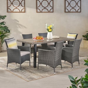 Pointe Grey 7-Piece Faux Rattan Rectangular Outdoor Dining Set with Light Grey Cushions