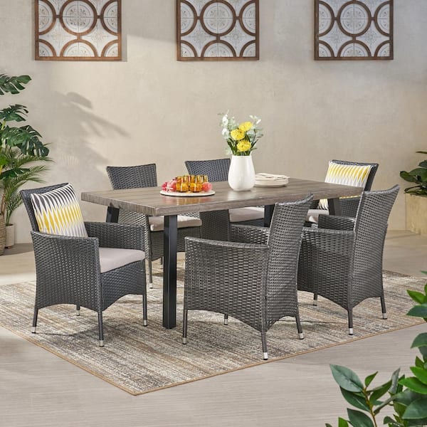 Noble House Pointe Grey 7-Piece Faux Rattan Rectangular Patio Outdoor Dining Set with Light Grey Cushions