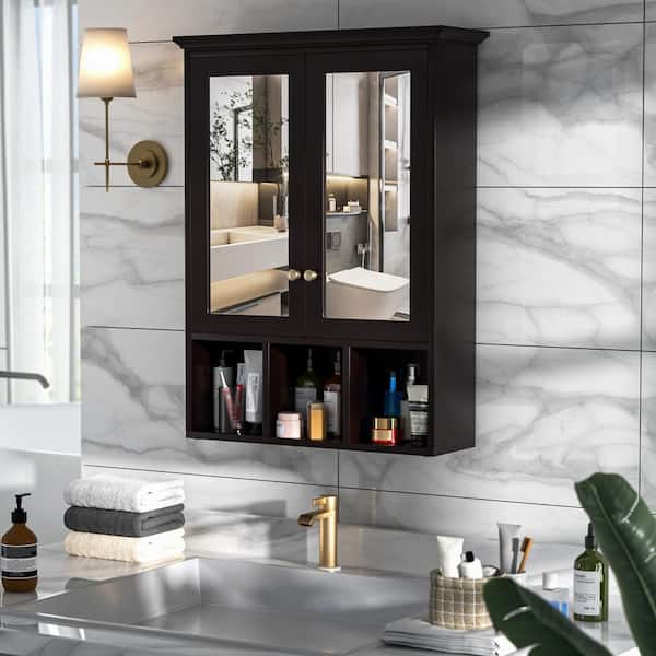 23.6 in. W x 7.5 in. D x 30.4 in. H Oversized Bathroom Storage Wall Cabinet with Adjustable Shelves and Mirror, Espresso