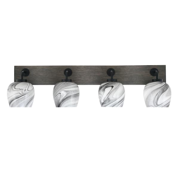 Unbranded Kirby 36.5 in. 4 Light Black and Painted Wood-look Vanity Light with 6 in. Onyx Swirl Glass Shades No Bulbs Included