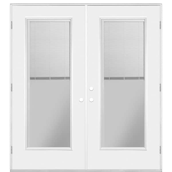 Masonite 72 in. x 80 in. Premium Primed Right Hand Outswing Full Lite Miniblind Smooth Fiberglass Patio Door with No Brickmold