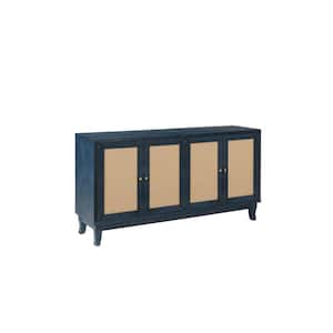 59.8 in. W x 15.6 in. D x 32.3 in. H Navy Blue Linen Cabinet with 4-Rattan Doors, Modern Storage Cupboard Console Table