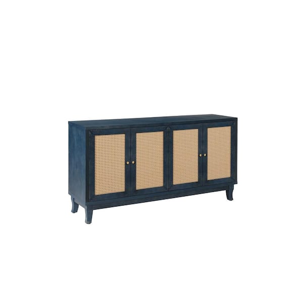 Unbranded 59.8 in. W x 15.6 in. D x 32.3 in. H Navy Blue Linen Cabinet with 4-Rattan Doors, Modern Storage Cupboard Console Table