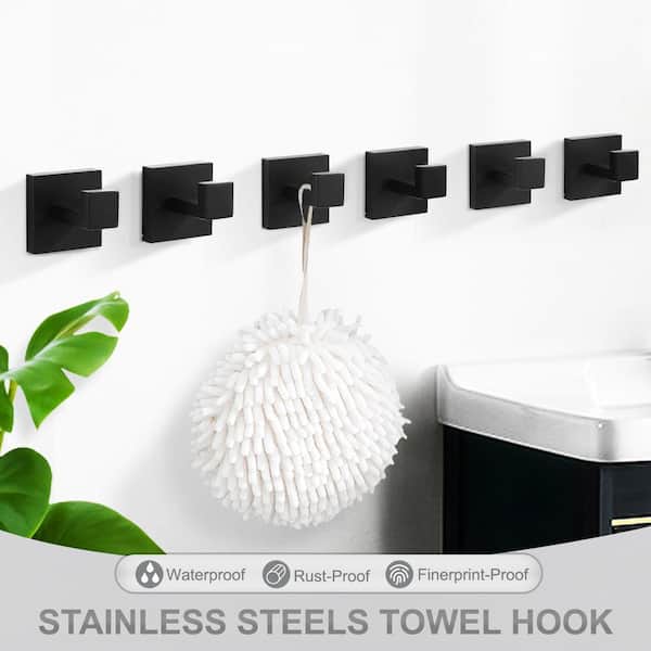 Stainless Steel Single J-Hook Robe Towel Hook in Matte Black 6 Packs