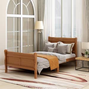 Light Brown Twin Wood Platform Bed with Headboard and Footboard