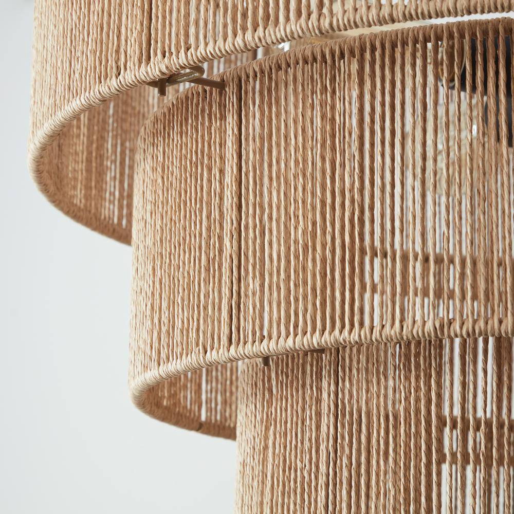 Beige Oversize 4-Tiered Rattan Pendant Light with Glass Shades
