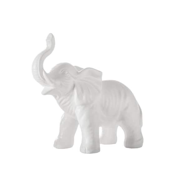 Benjara White Ceramic Elephant Design Accent Decor with Raised Trunk