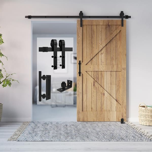 6.6 ft./79 in. Black Steel Strap Sliding Barn Door Track and Hardware Kit with 12 in. Cylinder Handle and Floor Guide