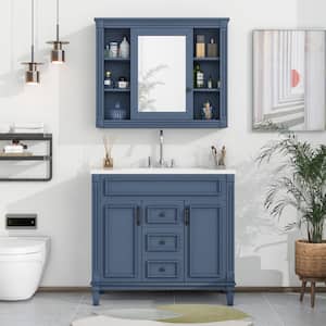36 in.W X 18 in.D X 34 in.H Royal Blue Resin Bath Vanity with White Sink Mirror Cabinet Single Sink 2 Doors and Drawers