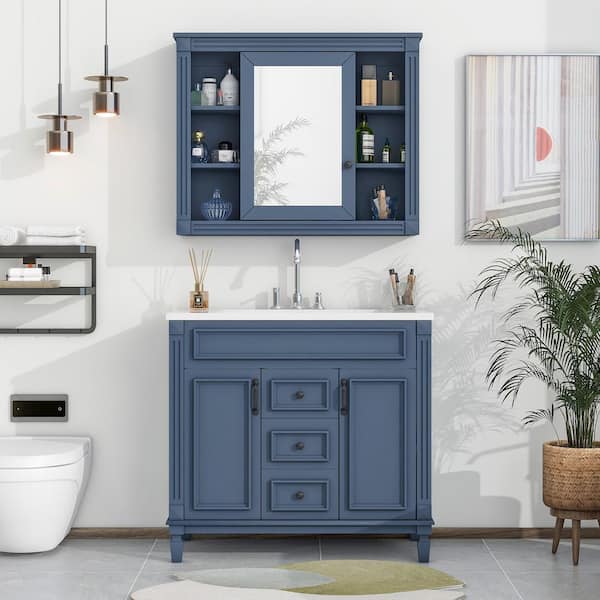 Aoibox 36 in.W X 18 in.D X 34 in.H Royal Blue Resin Bath Vanity with White Sink Mirror Cabinet Single Sink 2 Doors and Drawers