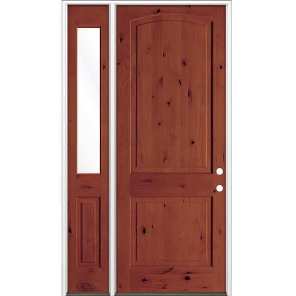 56 in. x 96 in. Knotty Alder 2 Panel Arch-Top Left-Hand/Inswing Clear Glass Amaretto Stain Wood Prehung Front Door LHSL