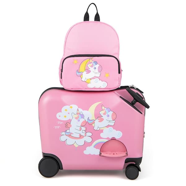 Gymax 18 in. Kids Luggage Set Suitcase with Spinner Wheels Ride-On and Carry-On and Sit-On Hardshell Pink (2-Pieces)