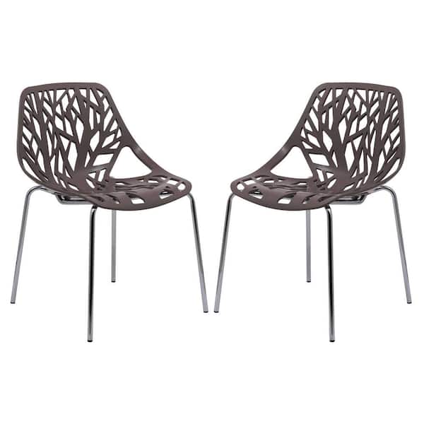 Stackable Dining Chair in Polypropylene Plastic with Chrome Metal Legs Set of 2 Modern Cut-Out Design Backrest in Taupe