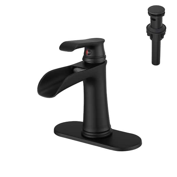Unbranded Single Handle Single Hole Bathroom Faucet with Deck Plate and Drain, Waterfall Bathroom Faucet in Matte Black