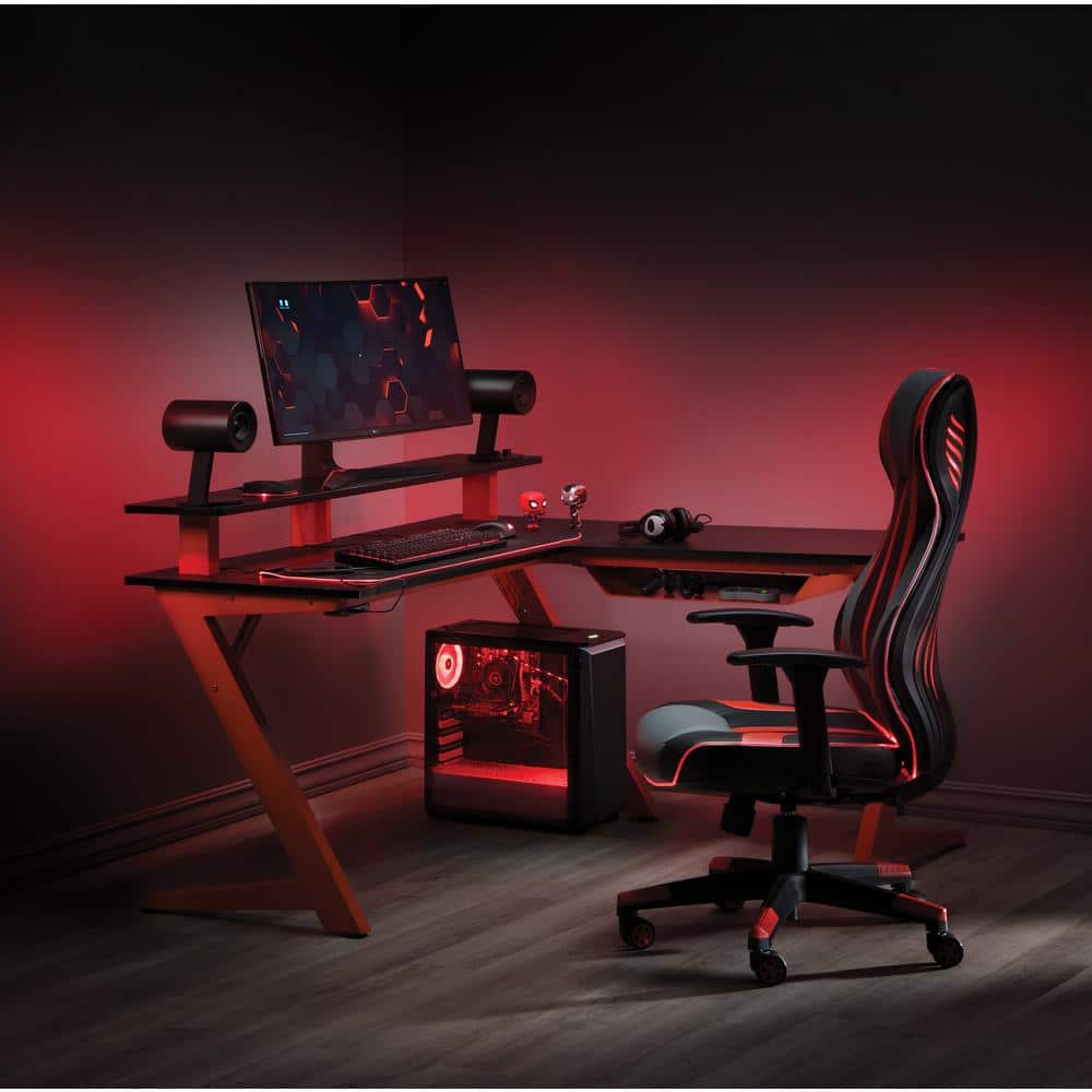 Black L-Shape Gaming Desk with Integrated Power Outlet, USB, and Headphone Hook