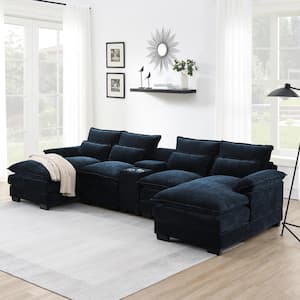 123 in. x 55 in. Pillow Top Arm Chenille U-Shaped 6-Seat Sofa with Console Cupholders USB Ports in Blue