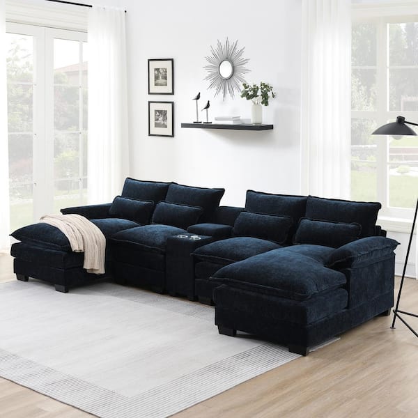 LUCKY ONE 123 in. x 55 in. Pillow Top Arm Chenille U-Shaped 6-Seat Sofa with Console Cupholders USB Ports in Blue