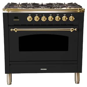 36 in. 3.55 cu. ft. Single Oven Dual Fuel Italian Range True Convection, 5 Burners, Griddle, Brass Trim in Glossy Black