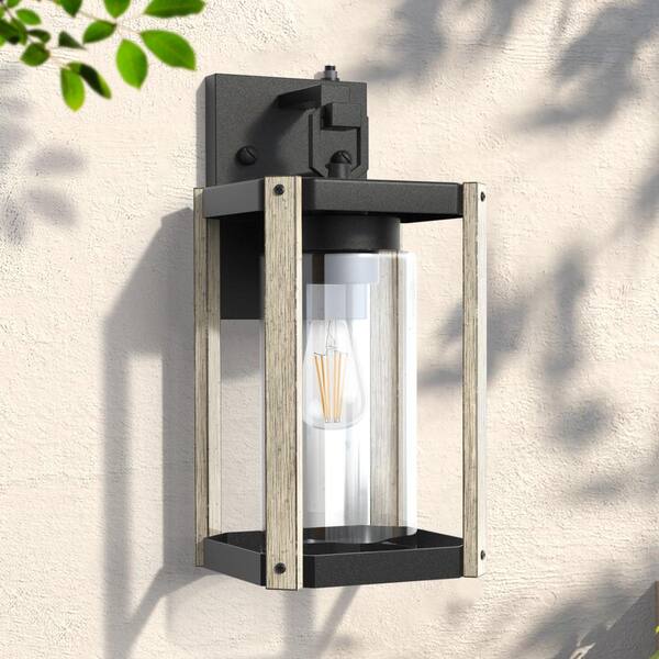 Hawaii 13 in. Black/White E26 Farmhouse Cylinder Dusk to Dawn Outdoor Hardwired Glass Sconce (Set of 2)