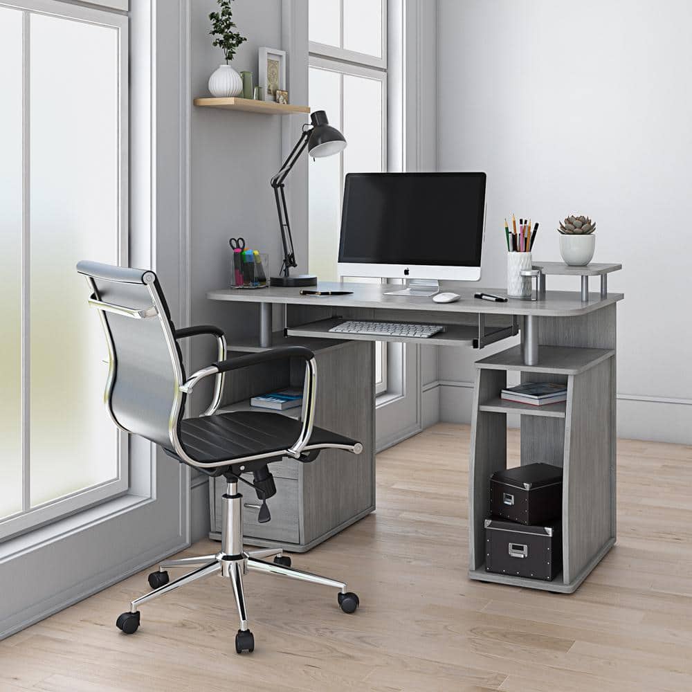 Modern Computer Desk with 2 Storage Drawers & Pullout Keyboard Tray in Gray 