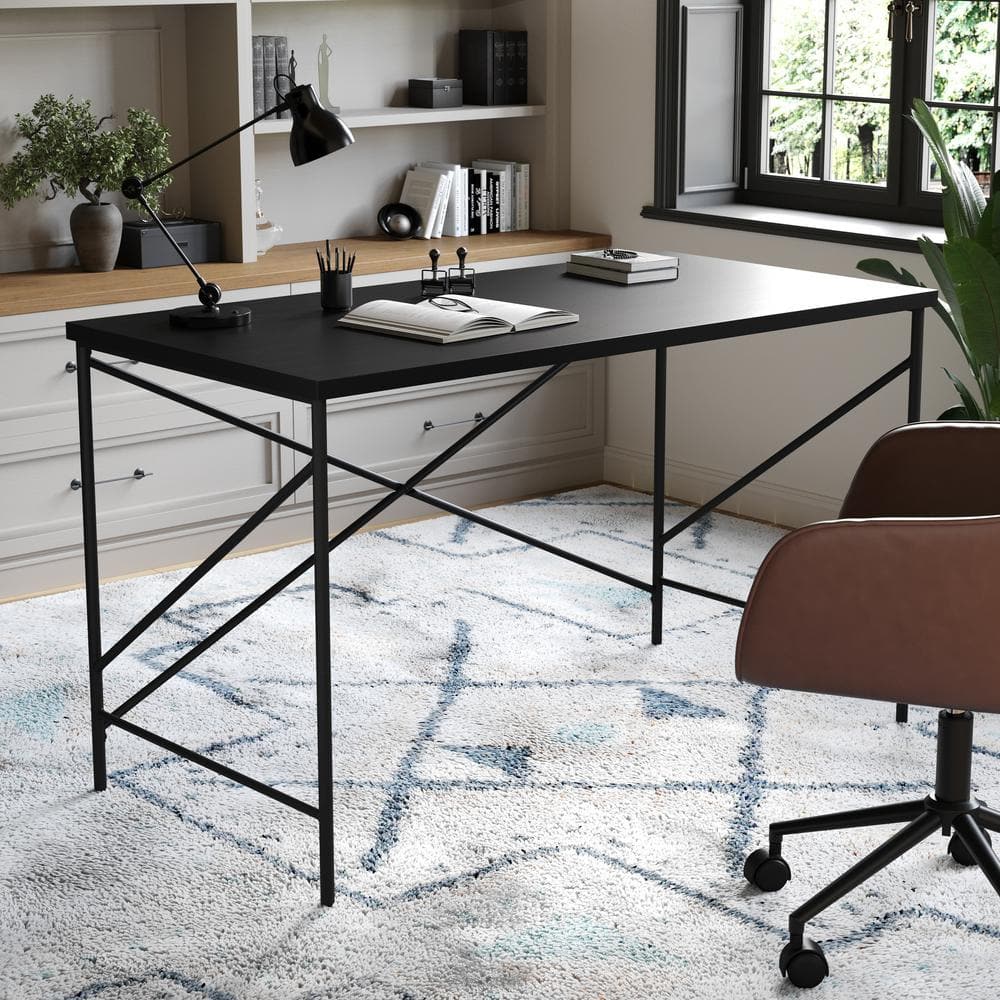 Black Wood Grain Parsons Desk with Metal X-Frame