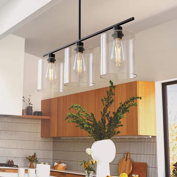 YANSUN 3-Light Matte Black Island Pendant with Clear Glass Shades