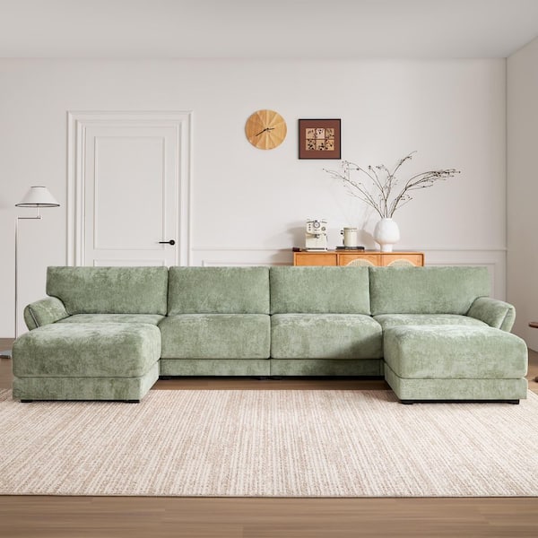 Luxury Collection 142 in. Flared Arm 6-Piece U-Shaped Chenille Modern Sectional Sofa in Green with USB Ports and Ottoman