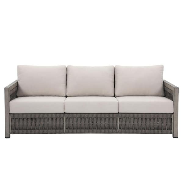 Dark Gray 3-Person Aluminum and Wicker Outdoor Couch with Beige Cushions for Patio, Porch, Garden, Poolside