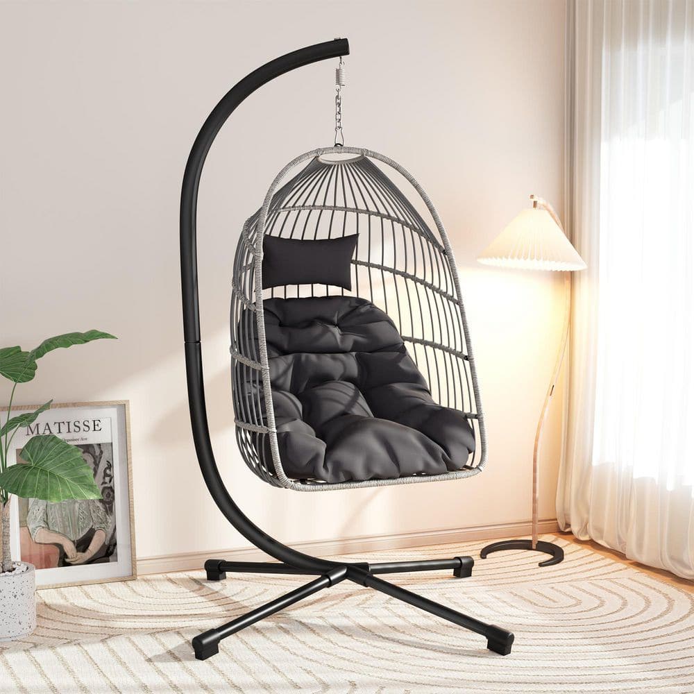 Wicker Outdoor Patio Swing Egg Chair with Stand and Cushion