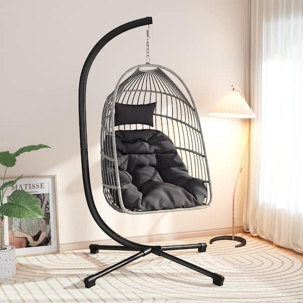Wicker Outdoor Patio Swing Egg Chair with Stand and Cushion