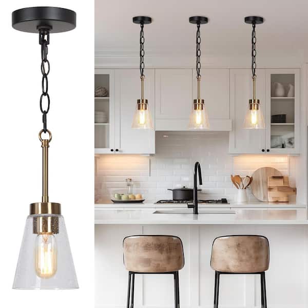 4.8 in. 1-Light Modern Transitional Plated Brass Pendant Light with Seeded Glass Shade for Dining Room, Kitchen Island